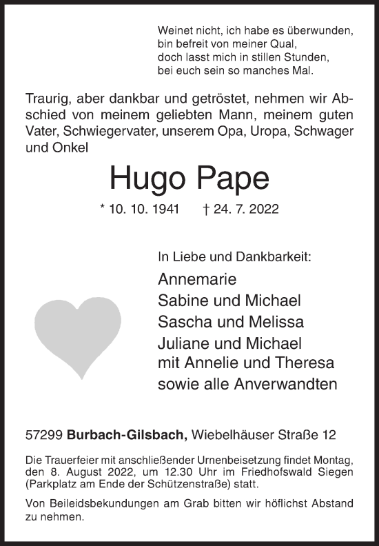 Traueranzeige von Hugo Pape von Siegener Zeitung