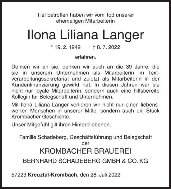 Traueranzeige von Ilona Liliana Langer von Siegener Zeitung