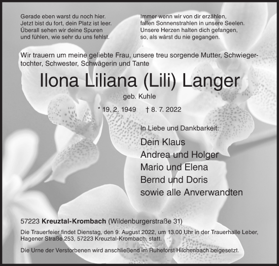 Traueranzeige von Ilona Liliana Langer von Siegener Zeitung