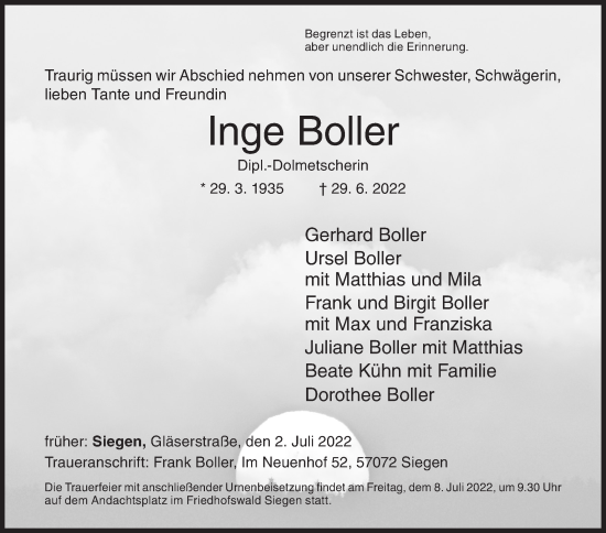 Traueranzeige von Inge Boller von Siegener Zeitung