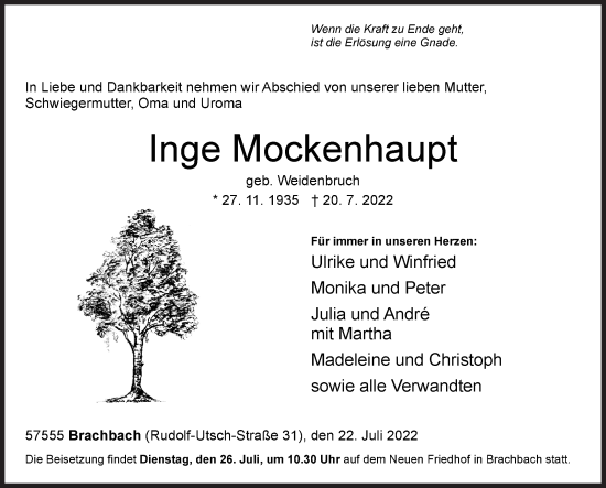 Traueranzeige von Inge Mockenhaupt von Siegener Zeitung
