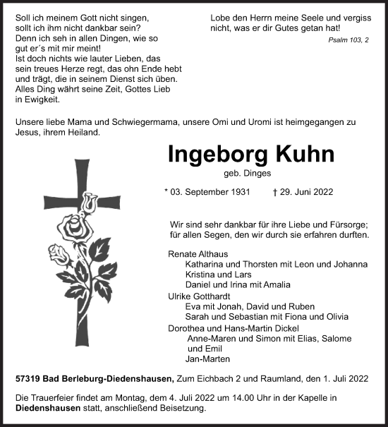 Traueranzeige von Ingeborg Kuhn von Siegener Zeitung