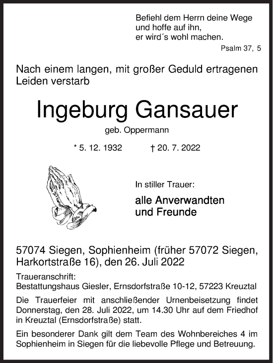 Traueranzeige von Ingeburg Gansauer von Siegener Zeitung