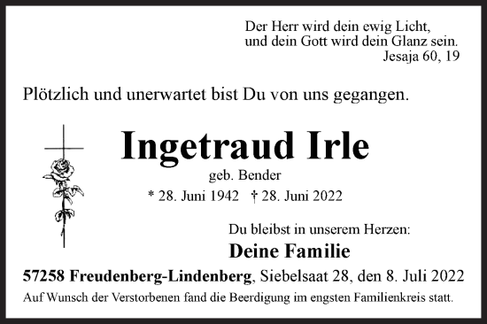 Traueranzeige von Ingetraud Irle von Siegener Zeitung