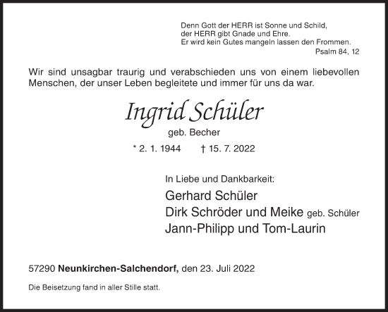 Traueranzeige von Ingrid Schüler von Siegener Zeitung