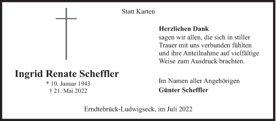 Traueranzeige von Ingrid Renate Scheffler von Siegener Zeitung