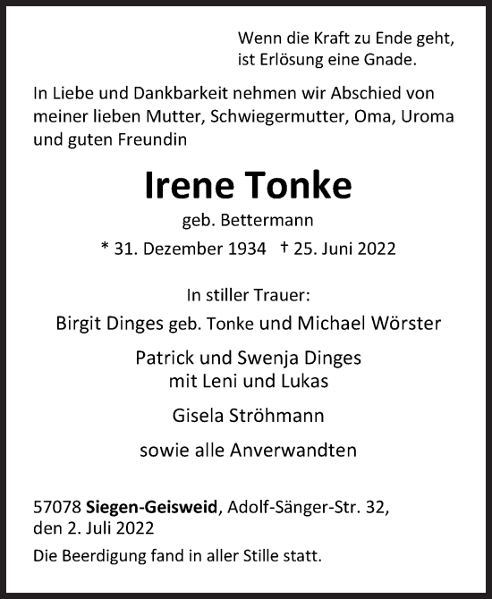 Traueranzeige von Irene Tonke von Siegener Zeitung