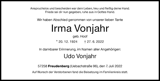 Traueranzeige von Irma Vonjahr von Siegener Zeitung