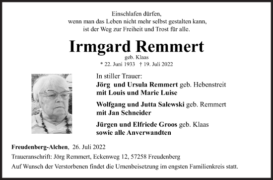 Traueranzeige von Irmgard Remmert von Siegener Zeitung
