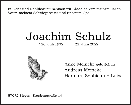 Traueranzeige von Joachim Schulz von Siegener Zeitung