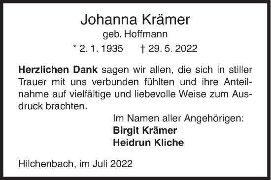 Traueranzeige von Johanna Krämer von Siegener Zeitung