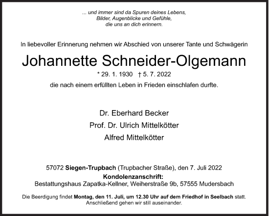 Traueranzeige von Johannette Schneider-Olgemann von Siegener Zeitung