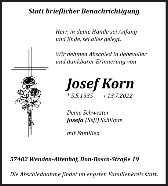 Traueranzeige von Josef Korn von Siegener Zeitung