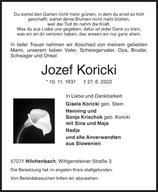 Traueranzeige von Jozef Koricki von Siegener Zeitung