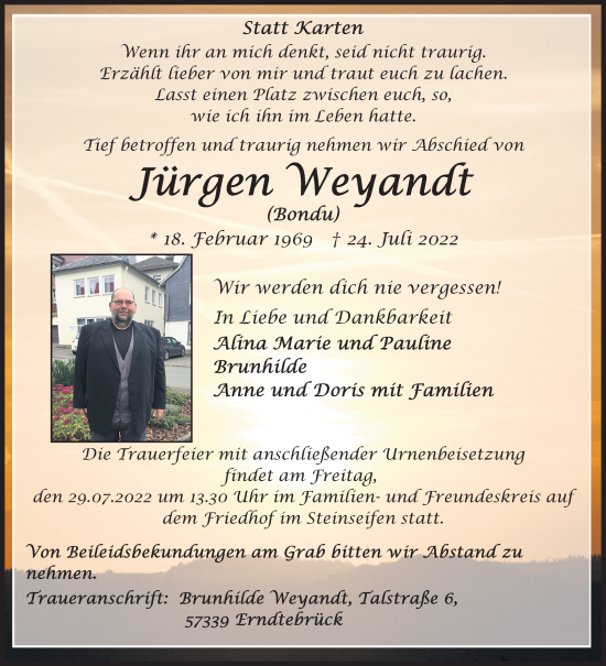 Traueranzeige von Jürgen Weyandt von Siegener Zeitung