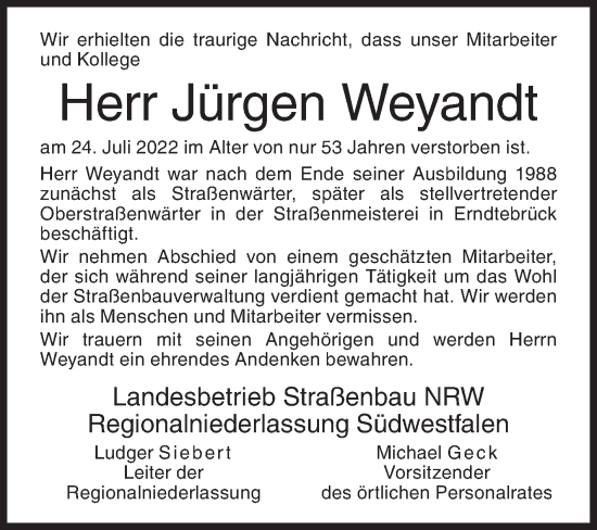 Traueranzeige von Jürgen Weyandt von Siegener Zeitung