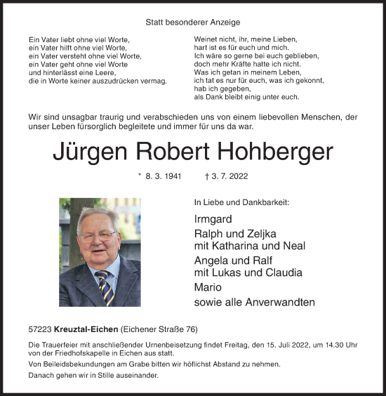 Traueranzeige von Jürgen Robert Hohberger von Siegener Zeitung