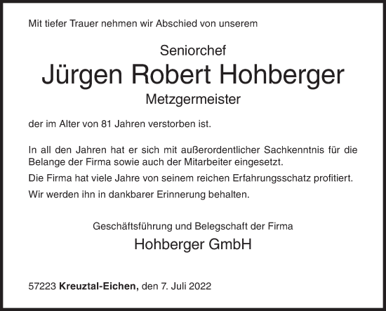 Traueranzeige von Jürgen Robert Hohberger von Siegener Zeitung