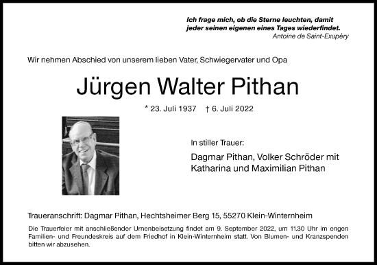Traueranzeige von Jürgen Walter Pithan von Siegener Zeitung