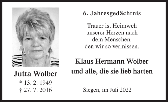 Traueranzeige von Jutta Wolber von Siegener Zeitung