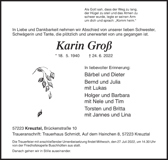 Traueranzeige von Karin Groß von Siegener Zeitung
