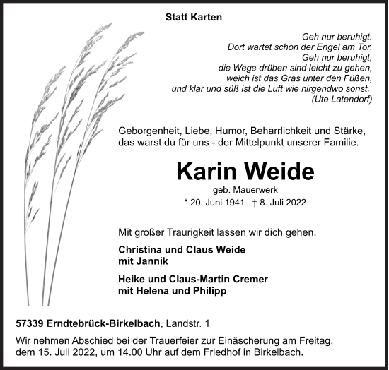 Traueranzeige von Karin Weide von Siegener Zeitung