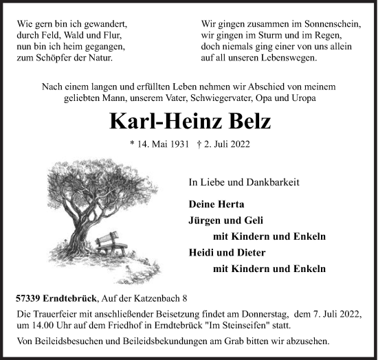 Traueranzeige von Karl-Heinz Belz von Siegener Zeitung