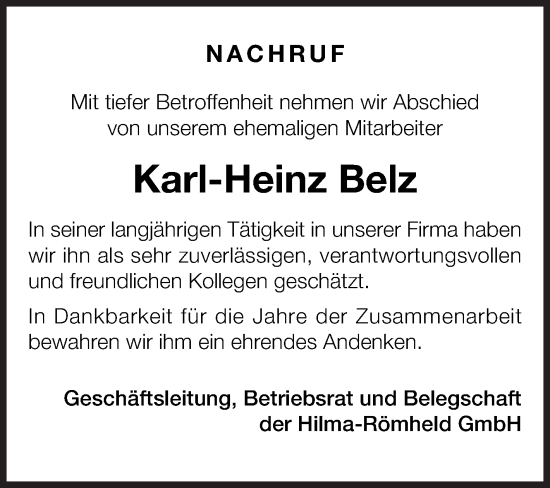 Traueranzeige von Karl-Heinz Belz von Siegener Zeitung