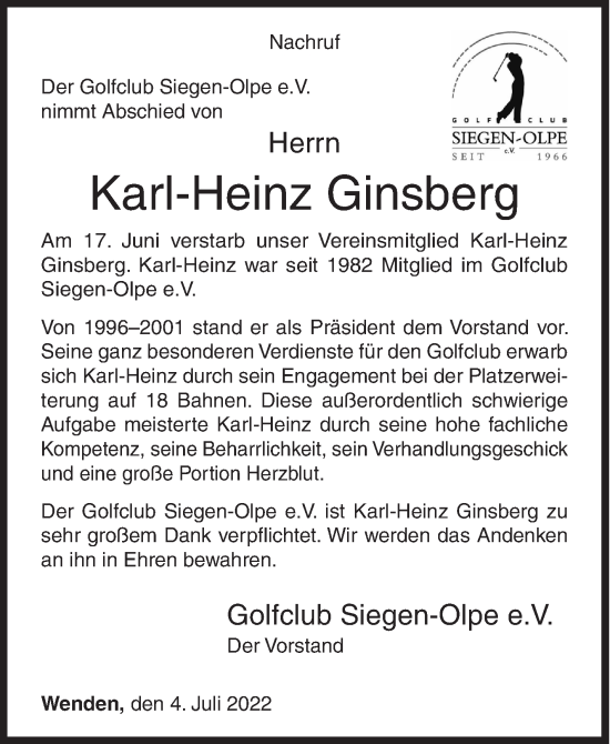Traueranzeige von Karl-Heinz Ginsberg von Siegener Zeitung