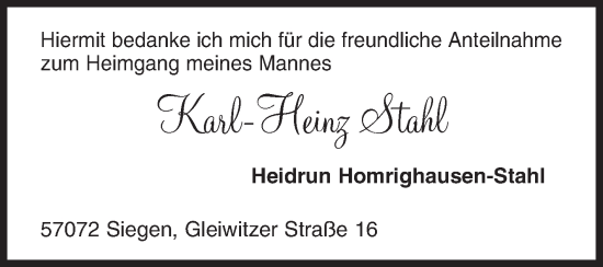 Traueranzeige von Karl-Heinz Stahl von Siegener Zeitung