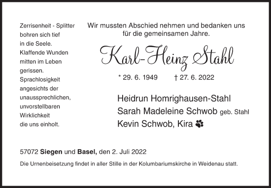 Traueranzeige von Karl-Heinz Stahl von Siegener Zeitung