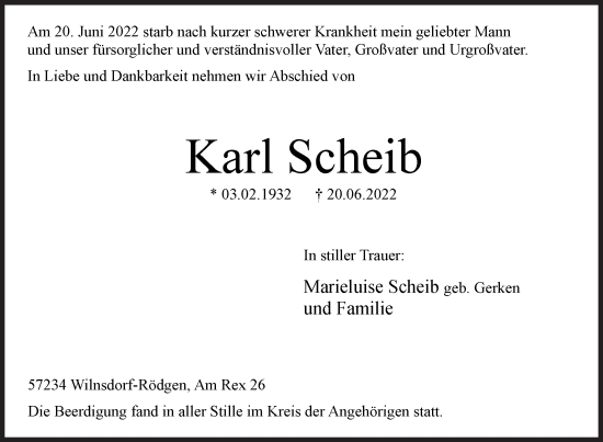 Traueranzeige von Karl Scheib von Siegener Zeitung
