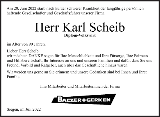 Traueranzeige von Karl Scheib von Siegener Zeitung