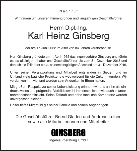 Traueranzeige von Karl Heinz Ginsberg von Siegener Zeitung