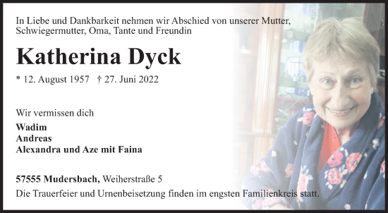 Traueranzeige von Katherina Dyck von Siegener Zeitung