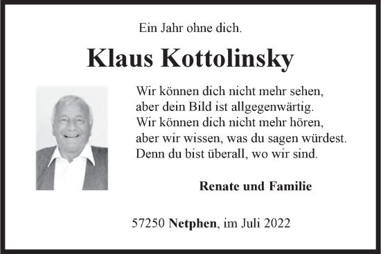 Traueranzeige von Klaus Kottolinsky von Siegener Zeitung