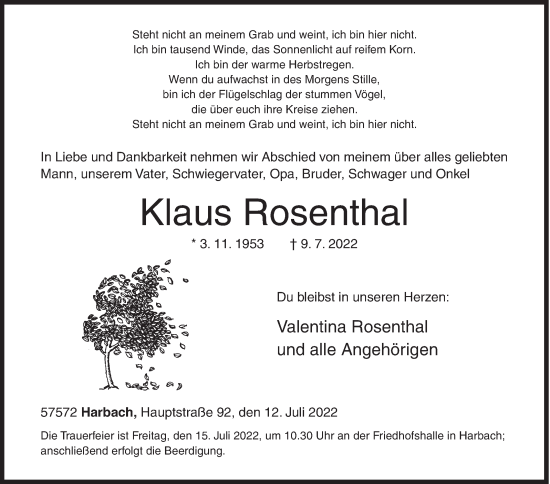 Traueranzeige von Klaus Rosenthal von Siegener Zeitung