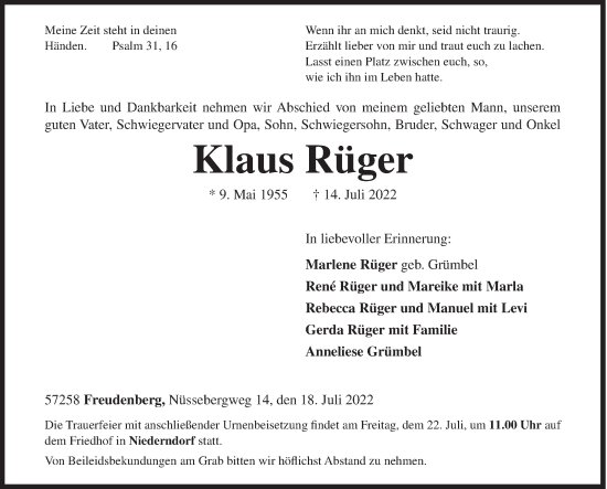 Traueranzeige von Klaus Rüger von Siegener Zeitung