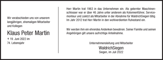 Traueranzeige von Klaus Peter Martin von Siegener Zeitung