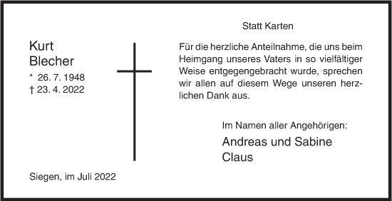 Traueranzeige von Kurt Blecher von Siegener Zeitung