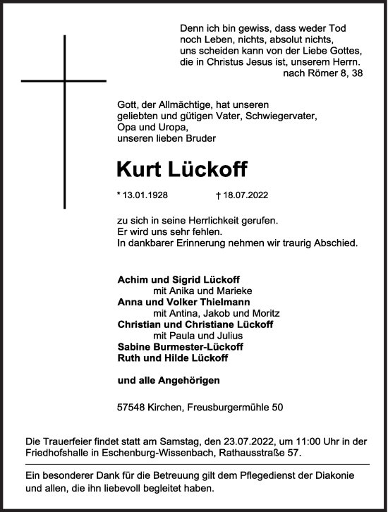 Traueranzeige von Kurt Lückoff von Siegener Zeitung