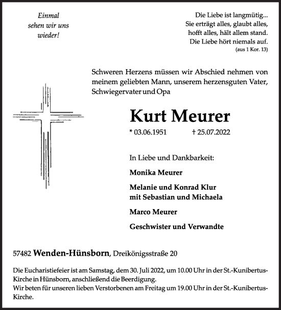 Traueranzeige von Kurt Meurer von Siegener Zeitung