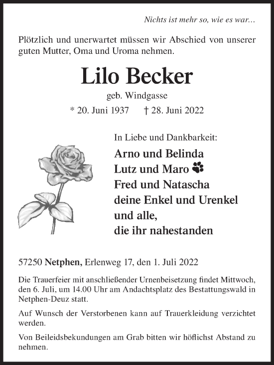Traueranzeige von Lilo Becker von Siegener Zeitung