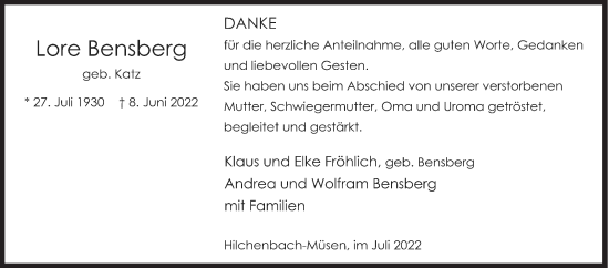 Traueranzeige von Lore Bensberg von Siegener Zeitung