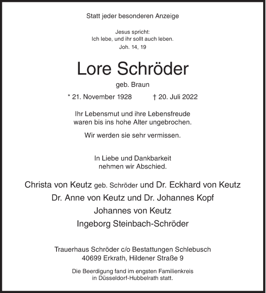 Traueranzeige von Lore Schröder von Siegener Zeitung