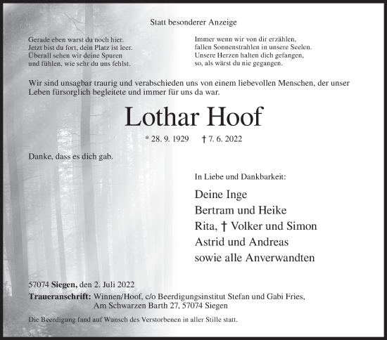 Traueranzeige von Lothar Hoof von Siegener Zeitung