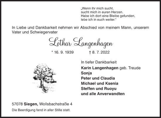 Traueranzeige von Lothar Langenhagen von Siegener Zeitung