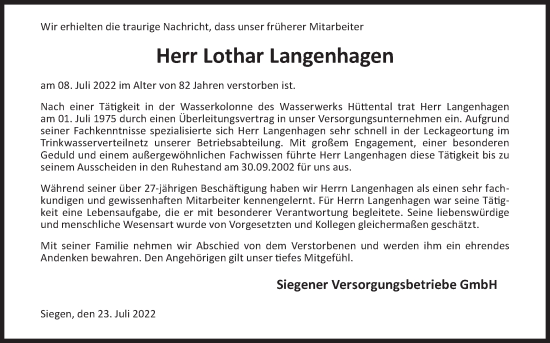 Traueranzeige von Lothar Langenhagen von Siegener Zeitung
