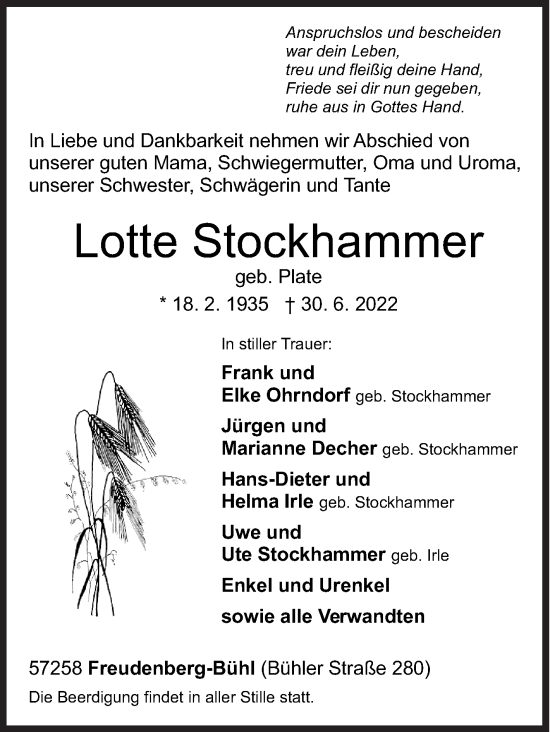 Traueranzeige von Lotte Stockhammer von Siegener Zeitung