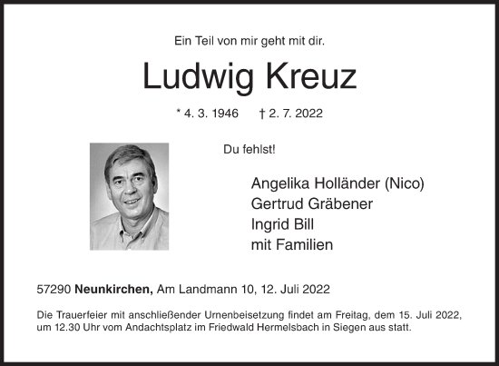 Traueranzeige von Ludwig Kreuz von Siegener Zeitung